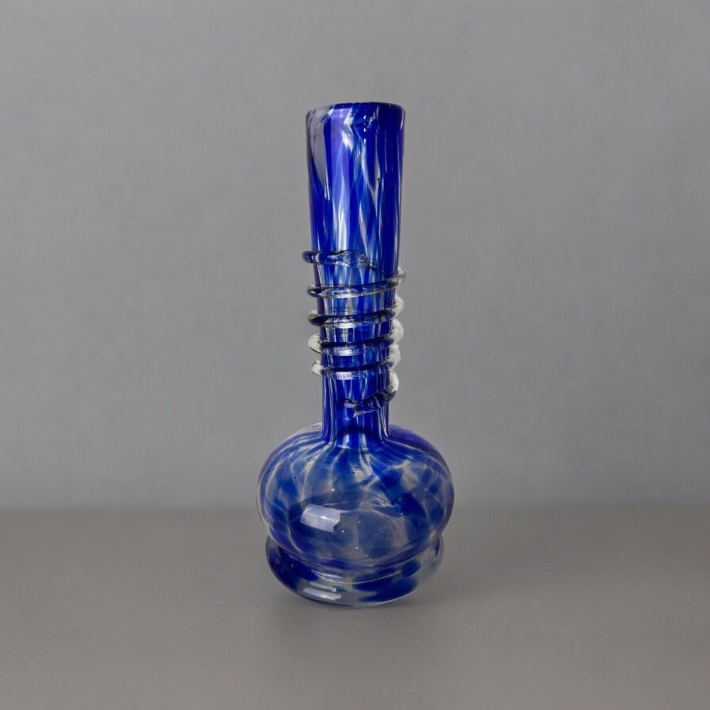 Vintage Handblown Art‎ Glass Vase Blue White Clear Spiral Glass 8.5"
